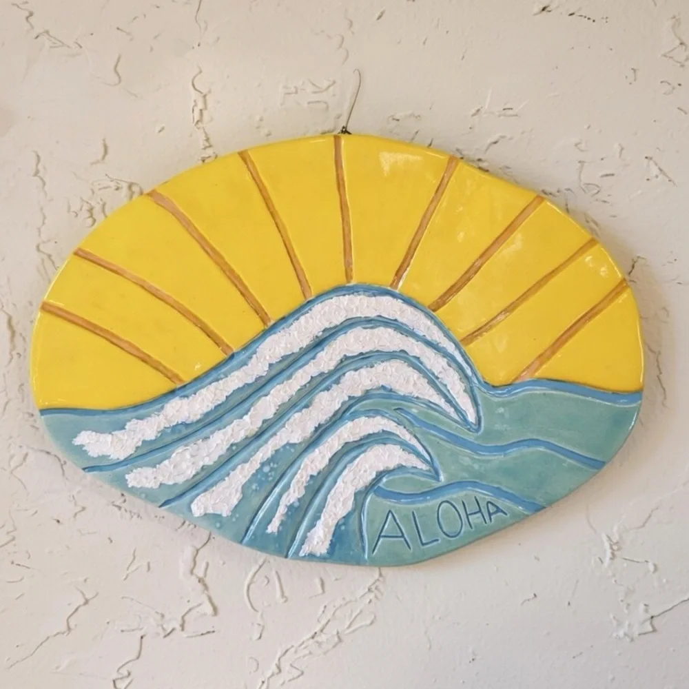 Hand Crafted Aloha Sun & Wave Hand painted Fire-kiln ceramic wall art Maui Made